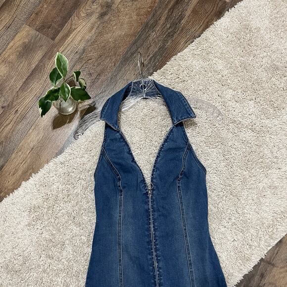 Urban Outfitters Denim Zip Front Halter Edgy Retro 90's Y2K Style Mini Dress - Picture 3 of 6